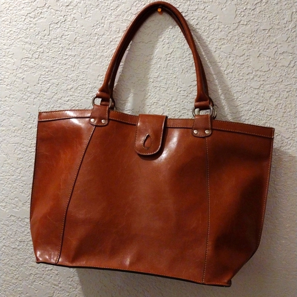 EMILIE M. BROWN FAUX LEATHER ZIPPERED and CLOTH HANDBAG